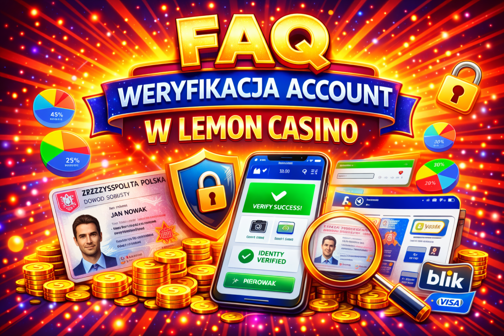 FAQ Weryfikacja Account w Lemon Casino – kolorowy baner 1536x1024 z telefonem pokazującym ekran weryfikacji tożsamości, ikoną dokumentu, tarczą bezpieczeństwa i dynamicznym kasynowym tłem w neonowych kolorach