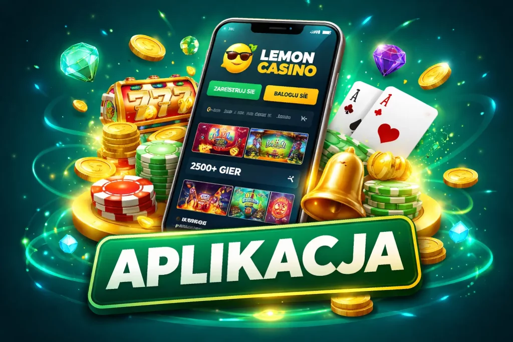 Lemon Casino Aplikacja – mobilna platforma gier z interfejsem smartfona na ciemno-turkusowym tle