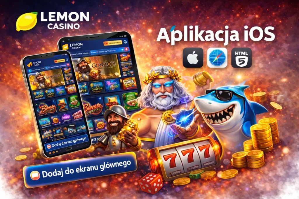 Lemon Casino aplikacja iOS banner z iPhone, iPad, ikonami Apple i HTML5 oraz elementami kasynowymi na dynamicznym tle