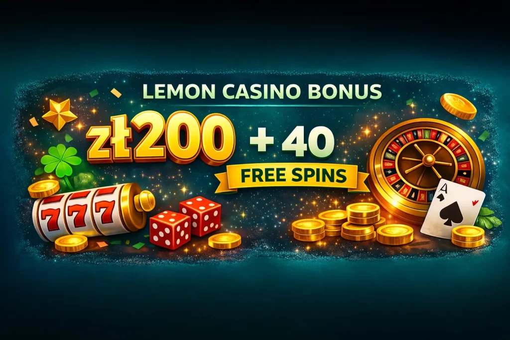 Lemon Casino bonus banner with zł200 bonus and 40 free spins on dark turquoise background