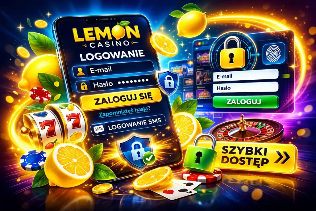 Lemon Casino Logowanie – kolorowy baner z formularzem logowania, smartfonem i elementami kasyna w jasnych neonowych barwach