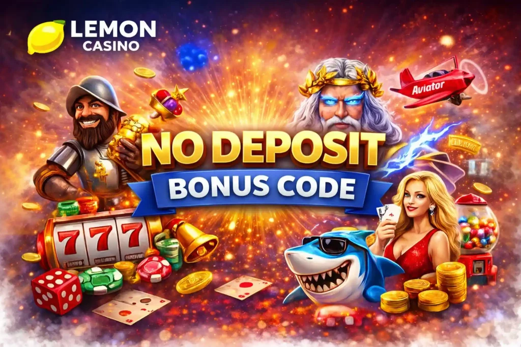 Lemon Casino No Deposit Bonus Code banner with slot machine 777, golden coins, casino characters and dynamic explosion background