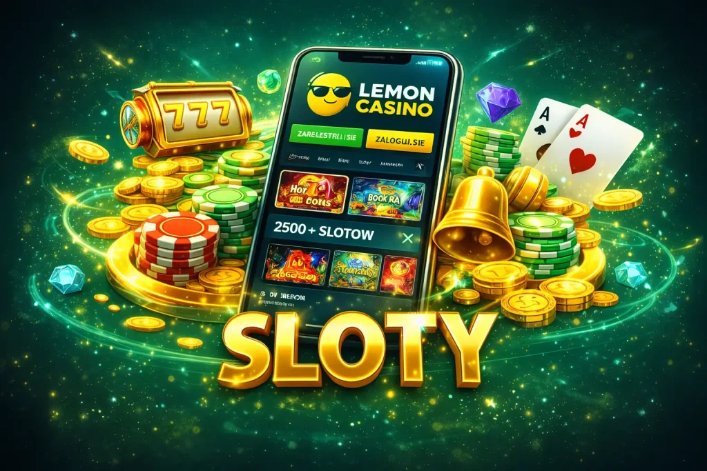 Lemon Casino Sloty – mobilna sekcja gier slotowych z motywem złotych monet i zielono-turkusowym tłem