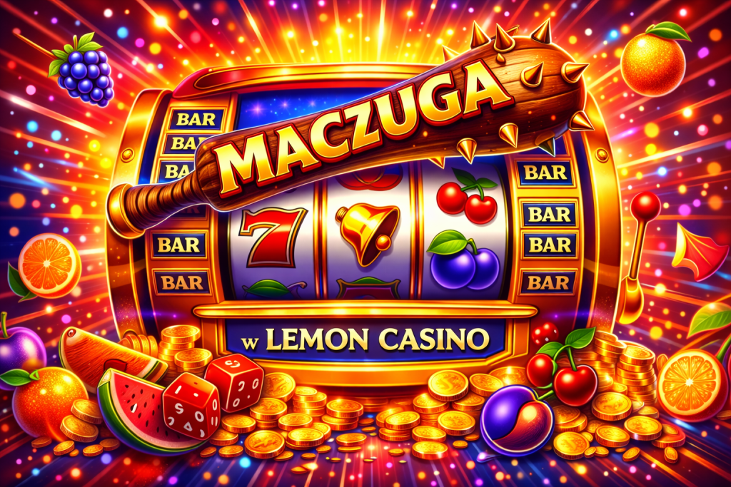 Maczuga slot w Lemon Casino – kolorowy baner 1536x1024 z klasycznym automatem owocowym, złotymi monetami i dynamicznym tłem neonowym 