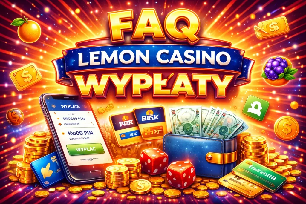FAQ Make a Deposit w Lemon Casino – kolorowy baner 1536x1024 z telefonem pokazującym ekran depozytu, metodami płatności BLIK i kartą bankową, złotymi monetami oraz dynamicznym neonowym tłem kasynowym