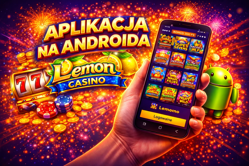 Aplikacja na Androida Lemon Casino – kolorowy baner promocyjny z telefonem prezentującym interfejs kasyna, monetami, automatem 777, maskotką Androida i neonowym tłem z fajerwerkami