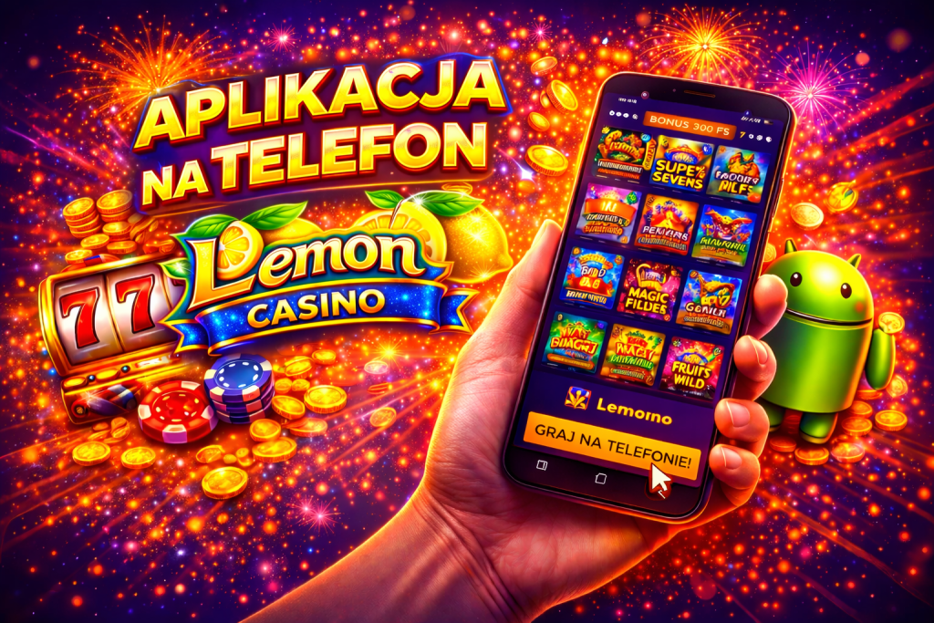 Aplikacja na telefon Lemon Casino – kolorowy baner promocyjny z telefonem prezentującym interfejs kasyna, monetami, automatem 777, maskotką Androida i dynamicznym neonowym tłem z fajerwerkami