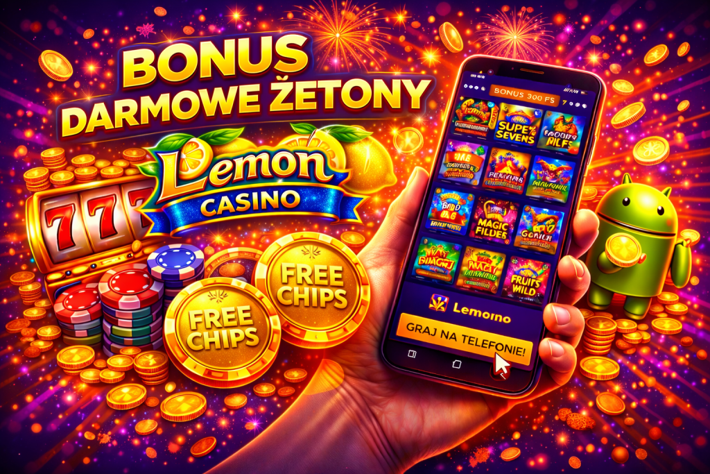 Baner promujący bonusy darmowych żetonów w Lemon Casino, z kolorowym tłem i atrakcyjną grafiką, przedstawiającą telefon z aplikacją kasyna oraz symbolem automatu 777.