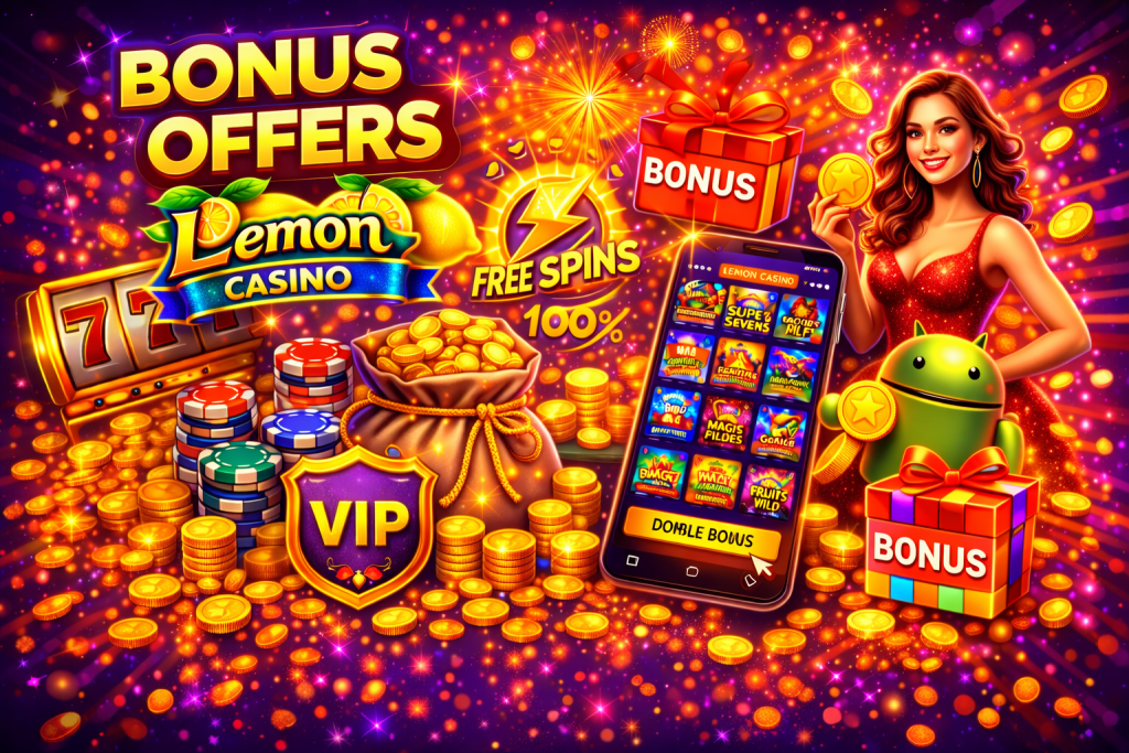 Baner promujący oferty bonusowe w Lemon Casino, z dynamiczną grafiką przedstawiającą wygrane monety, tablet z aplikacją kasyna, przycisk bonusowy oraz postać kobiety z Androidem w otoczeniu kolorowych prezentów.