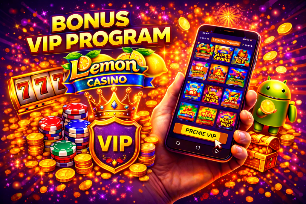 Baner promujący program VIP w Lemon Casino z dynamiczną grafiką i atrakcyjnym neonowym tłem, przedstawiający elementy kasynowe, takie jak logo VIP oraz monety.