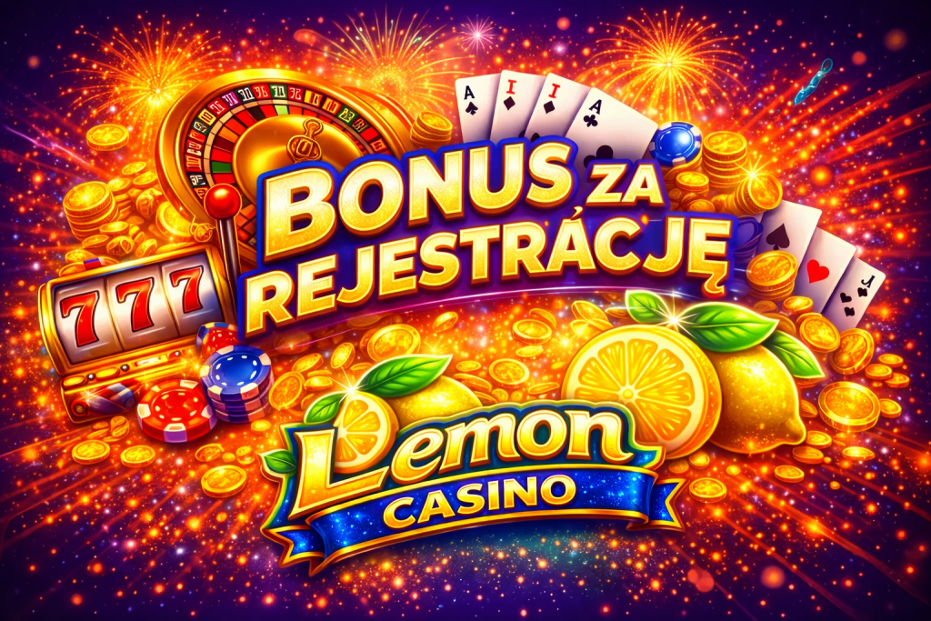 Bonus za rejestrację w Lemon Casino – kolorowy baner promocyjny z cytrynami, złotymi monetami, ruletką, kartami do gry, automatem 777 i fajerwerkami w jasnym, neonowym tle kasynowym