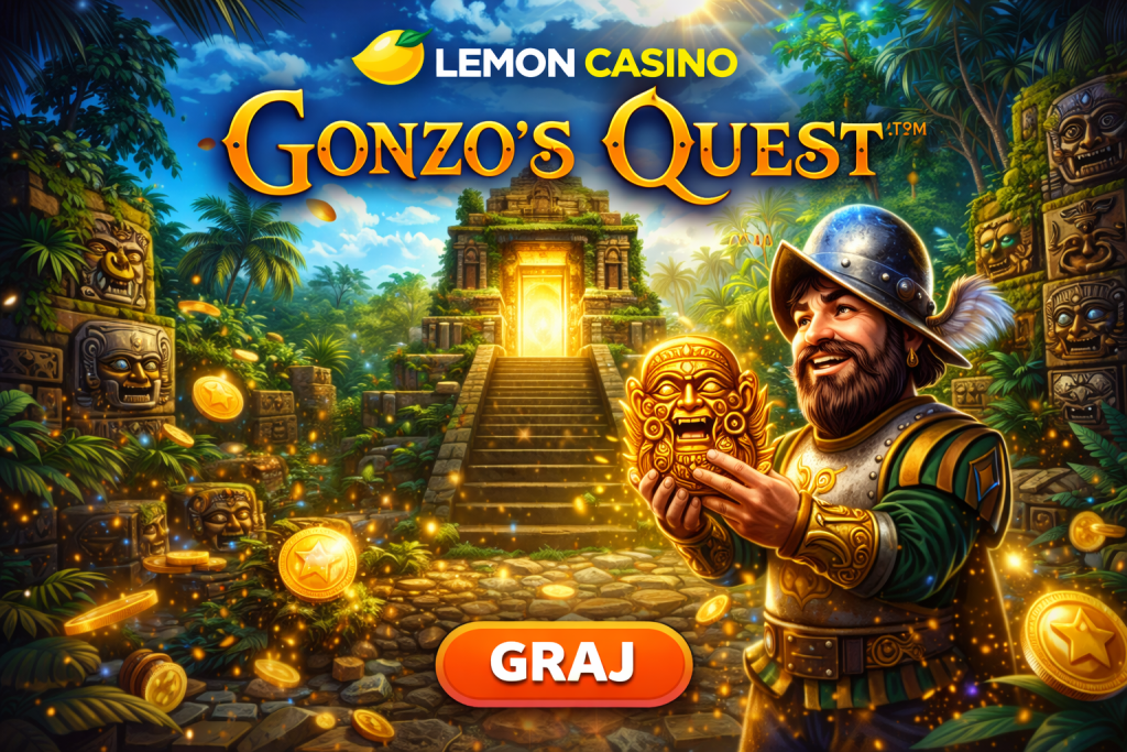 Baner promujący grę Gonzo’s Quest w Lemon Casino, z dynamiczną grafiką przedstawiającą Gonzo, poszukiwacza skarbów, oraz efektowne tło z elementami dżungli i starożytnych ruin.