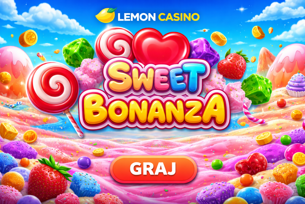 Baner promujący grę Sweet Bonanza w Lemon Casino, z kolorową grafiką przedstawiającą słodkie owoce, cukierki i lizaki, w otoczeniu intensywnych kolorów, które przyciągają wzrok i zachęcają do gry.