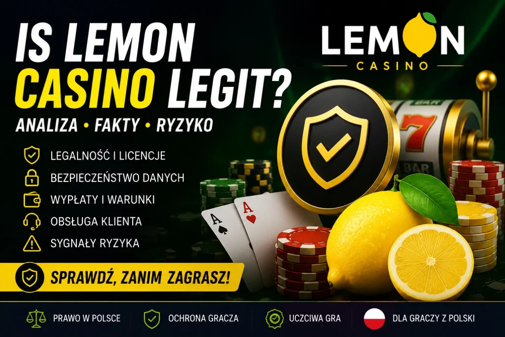 Banner do artykułu Is Lemon Casino Legit z motywem Lemon Casino, ikoną ochrony, elementami kasyna oraz hasłami o legalności, bezpieczeństwie danych, wypłatach i ryzyku dla graczy z Polski.