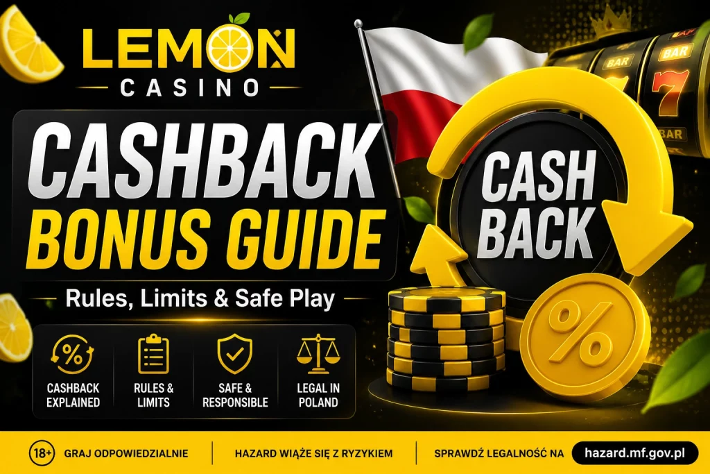 Lemon Casino Cashback Bonus Guide banner with yellow-black casino design, cashback symbol, Polish flag, slot machine, chips, and responsible gaming message