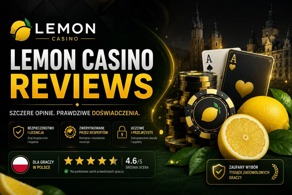 Lemon Casino Reviews banner with Lemon Casino branding, casino chips, playing cards, lemon graphics, Polish visual elements, review rating details, and trust-focused icons for Polish users.