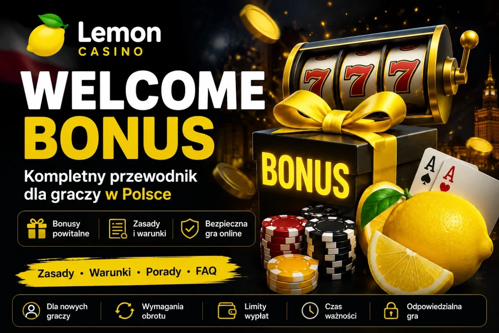 Baner Lemon Casino Welcome Bonus z czarno-złotą stylistyką, automatem slotowym, żetonami, cytryną i informacjami o zasadach bonusu dla graczy z Polski.