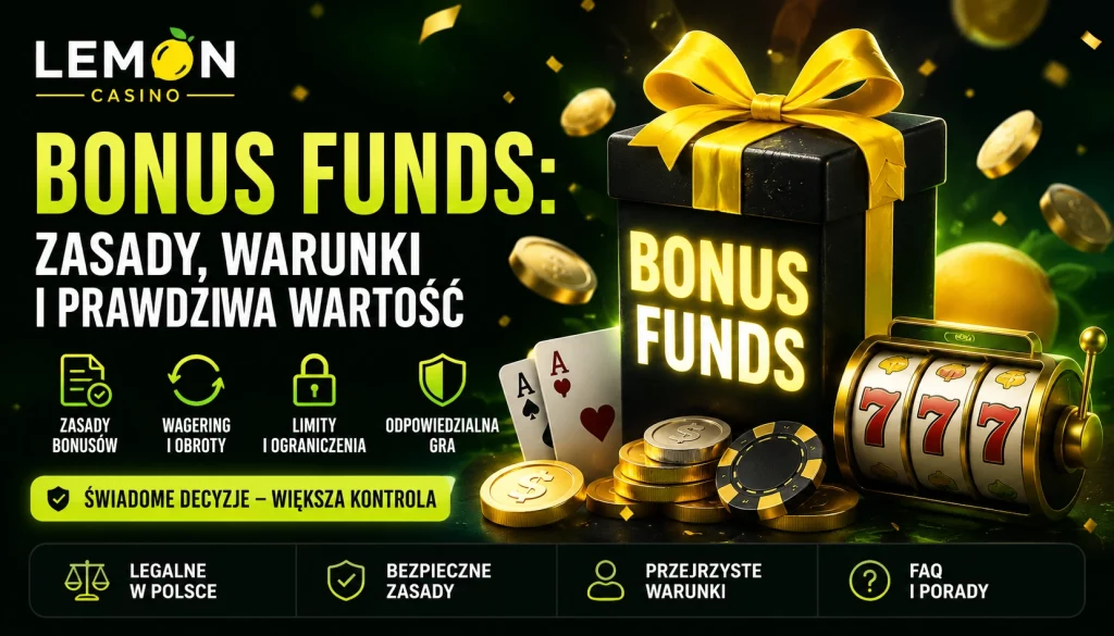 Lemon Casino Bonus Funds banner with dark green casino background, glowing gift box, slot machine, gold coins, Polish bonus rules text, and responsible gaming icons