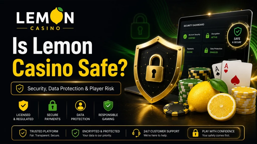 Banner for the “Is Lemon Casino Safe?” article with Lemon Casino branding, security shield, data protection icons, casino chips, cards, lemons, and safety-focused elements for Polish users.