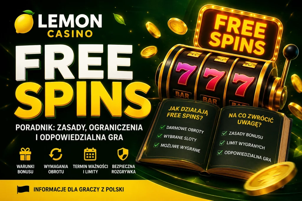 Lemon Casino Free Spins guide banner with slot machine, golden coins, Polish responsible gaming text, bonus terms icons, and dark green casino background