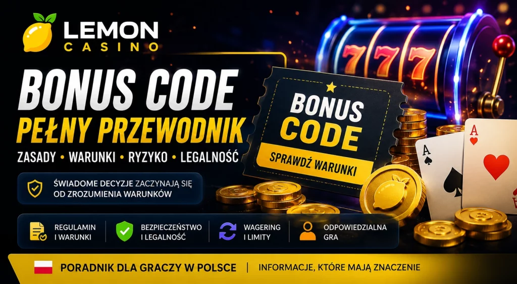Lemon Casino Bonus Code banner with glowing slot machine, gold coins, promo ticket, Polish bonus guide text, and dark premium casino background