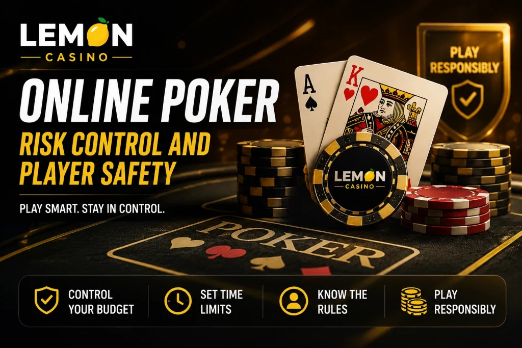 Banner Lemon Casino Online Poker Risk Control and Player Safety z kartami pokerowymi, żetonami kasynowymi i czarno-złotym motywem odpowiedzialnej gry online.