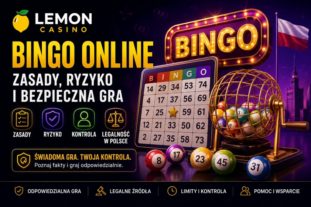 Lemon Casino Bingo Online banner with Polish safety-focused text, bingo card, lottery balls, responsible gaming icons, and Poland-themed visual elements