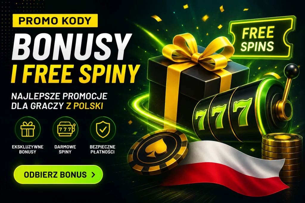 Nowoczesny neonowy baner promocyjny z napisem „Bonusy i Free Spiny”, przedstawiający 3D pudełko prezentowe, elementy slotów 777 oraz polską flagę, podkreślający oferty bonusowe i promocje kasynowe dla graczy w Polsce.