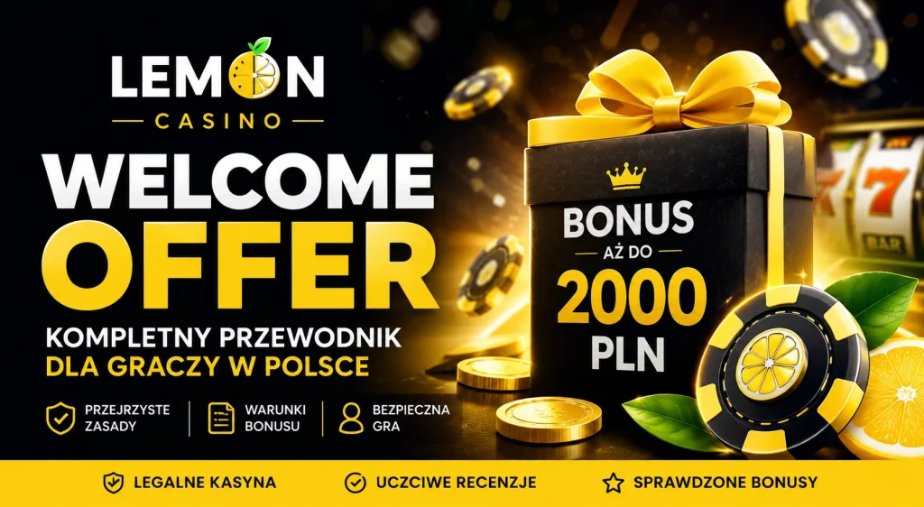 Lemon Casino welcome offer banner for Polish players with bonus gift box, casino chips, mobile app screen and safe play message