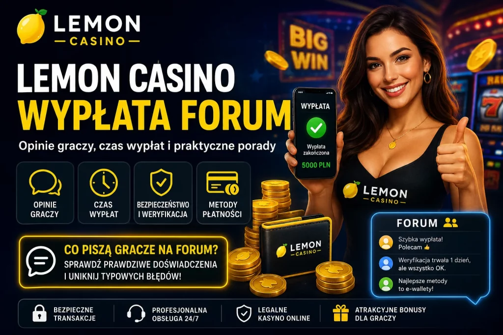 Banner artykułu Lemon Casino Wypłata Forum z motywem wypłaty, opiniami graczy, metodami płatności, ikonami bezpieczeństwa i kasynowym tłem.
