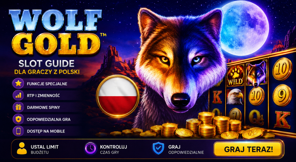 Wolf Gold slot guide banner featuring a majestic wolf under a full moon, golden slot reels, casino coins, Polish gaming theme, responsible play elements, and Lemon Casino branding.