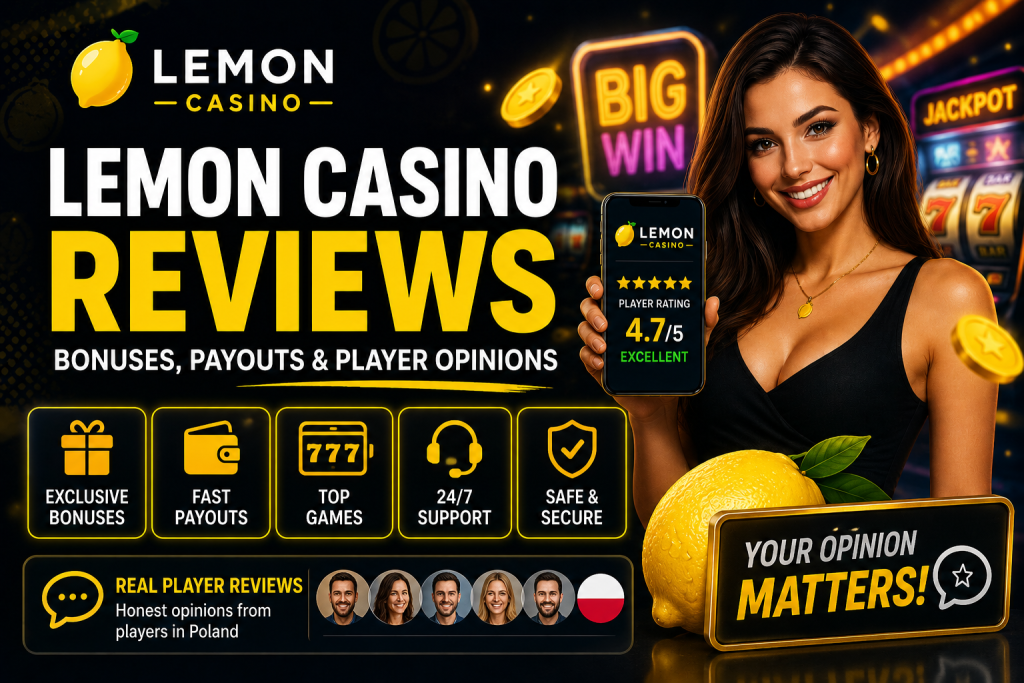 Banner artykułu Lemon Casino Reviews z opiniami graczy, oceną kasyna, bonusami, szybkimi wypłatami, obsługą 24/7 i motywem Lemon Casino dla graczy z Polski.