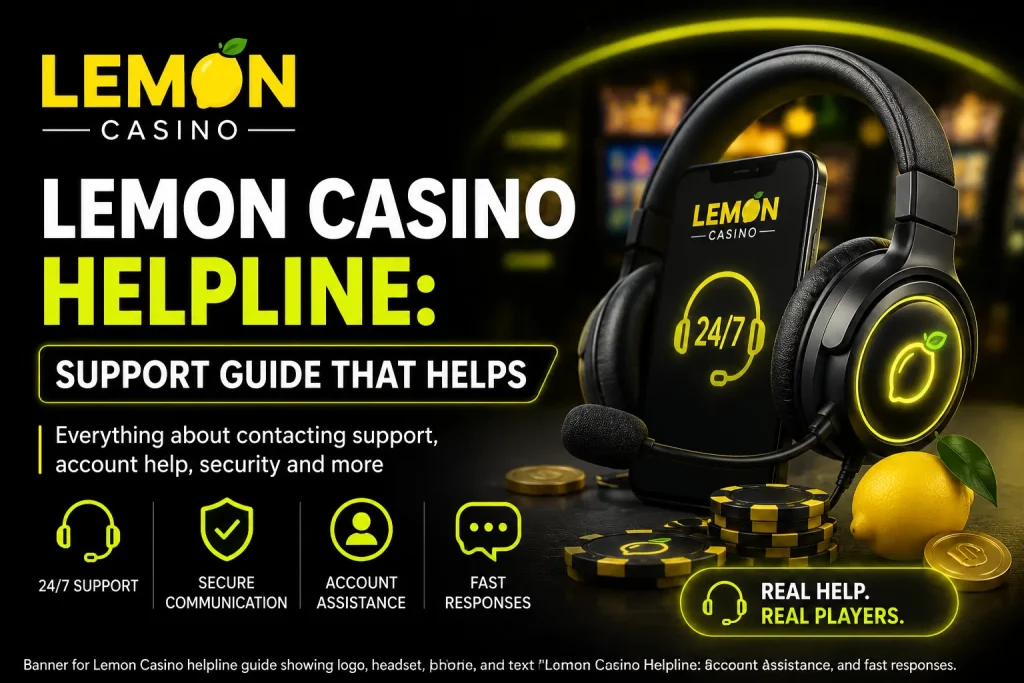Lemon Casino helpline banner with headset, phone, lemon logo and support guide text for account help and secure communication.