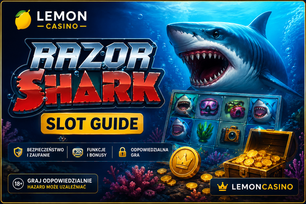 Razor Shark slot guide banner with underwater shark scene, slot reels, treasure coins, responsible gaming notice and Lemon Casino branding