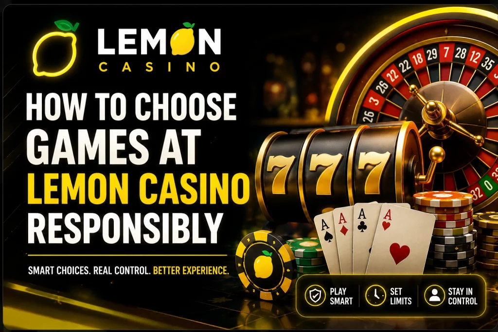 Lemon Casino How to Choose Games Responsibly banner featuring roulette wheel, slot machine with 777 symbols, poker cards, casino chips and responsible gaming guidance on a dark luxury background.