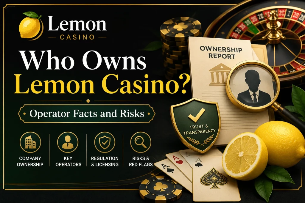 Banner for “Who Owns Lemon Casino?” featuring Lemon Casino branding, ownership report, operator verification symbols, trust and transparency shield, casino chips, cards, roulette wheel, lemon graphics, and risk-check elements for Polish users.