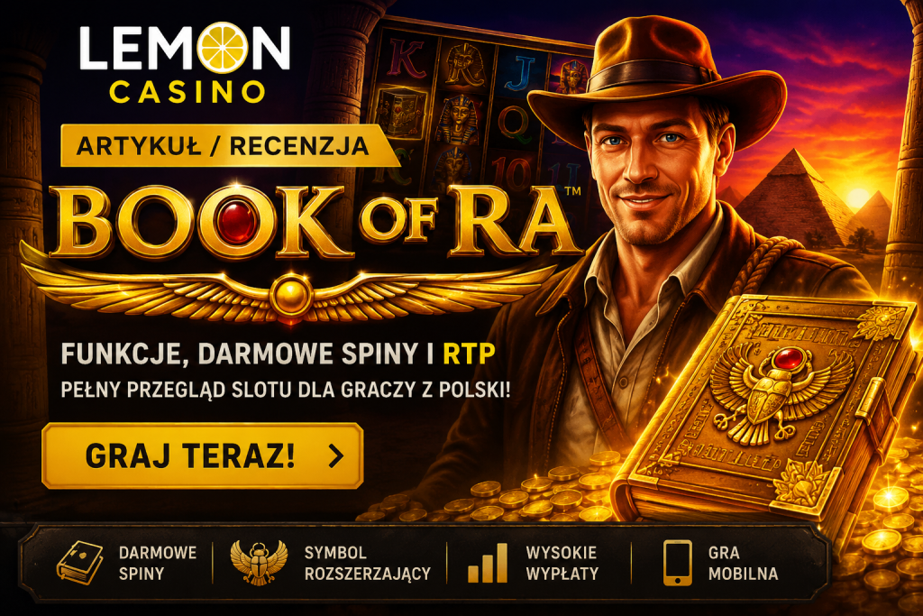 Banner artykułu Book of Ra dla Lemon Casino z egipskim tłem, odkrywcą, złotą księgą, motywem slotu oraz informacjami o funkcjach, darmowych spinach i RTP.