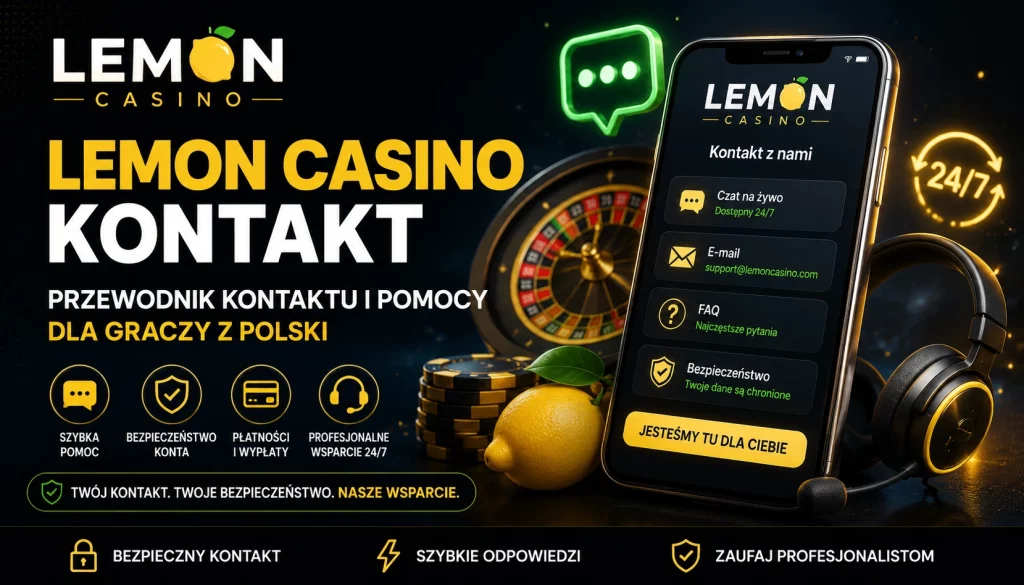 Lemon Casino kontakt banner with customer support phone interface, live chat icons, security symbols and Polish player help text